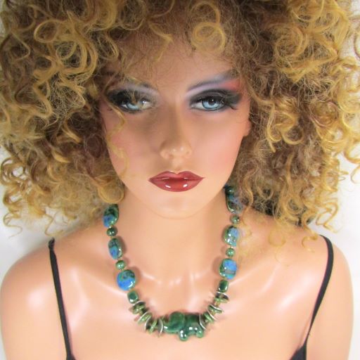 Designer Kazuri Green Elephant Necklace Earring & Leather Bracelet