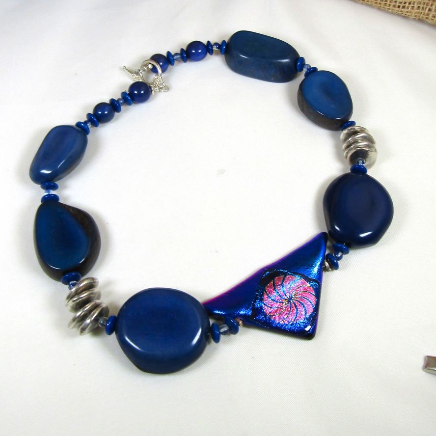 Navy Blue Tagua Nut & Handmade Bead Necklace
