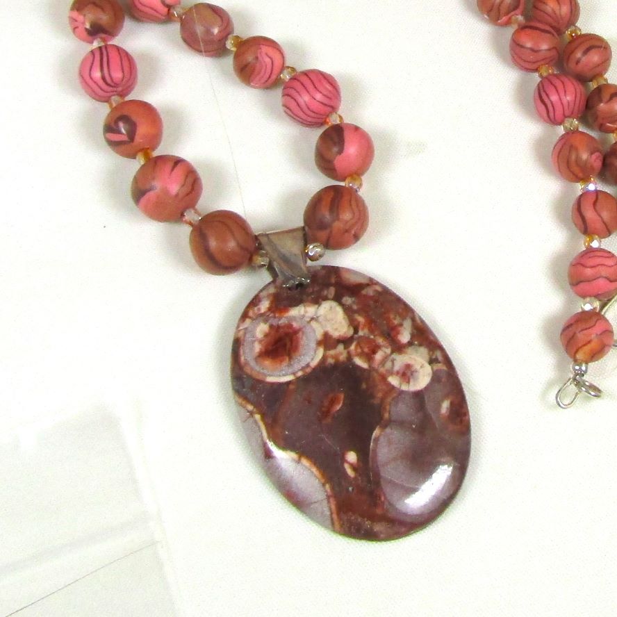 Handmade Pink Beaded Necklace with Gemstone Pendant