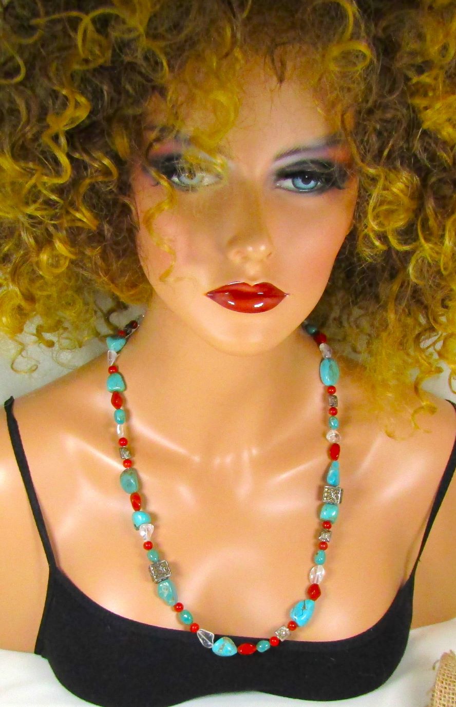 Turquoise, Red Gemstone & Crystal Necklace & Earrings