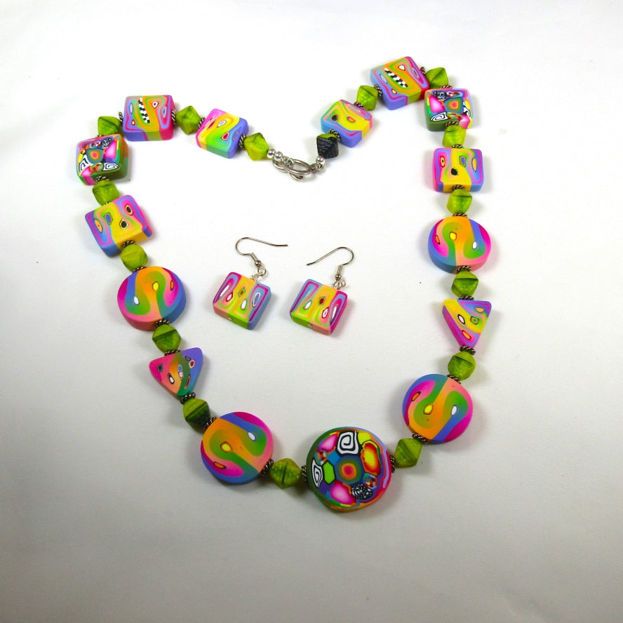 Colorful  Artisan Polymer Clay Bead Necklace & Earrings