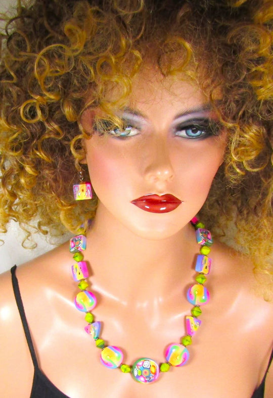 Colorful  Artisan Polymer Clay Bead Necklace & Earrings