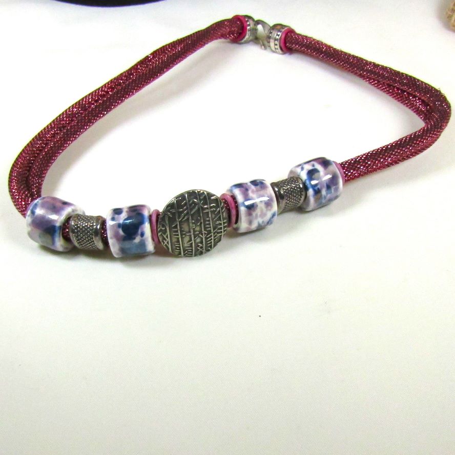 Maroon Metallic Cord  & Ceramic Handmade Necklace