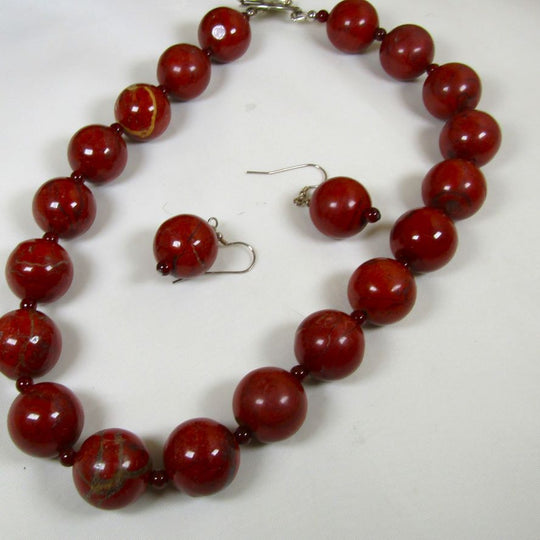 Red Jasper Gemstone Bead Necklace and Earrings