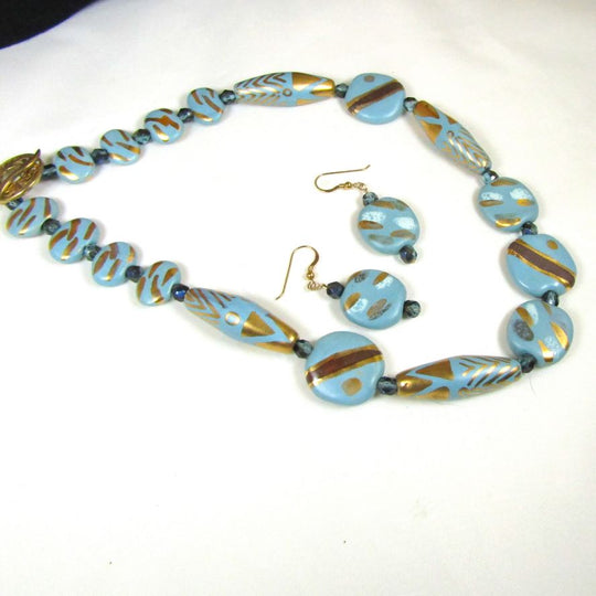 Handmade Kazuri Necklace & Earrings Set in Aqua and Gold