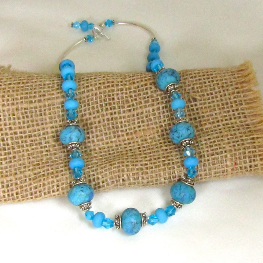 Auqa Blue Handmade Artisan Bead & Crystal Necklace
