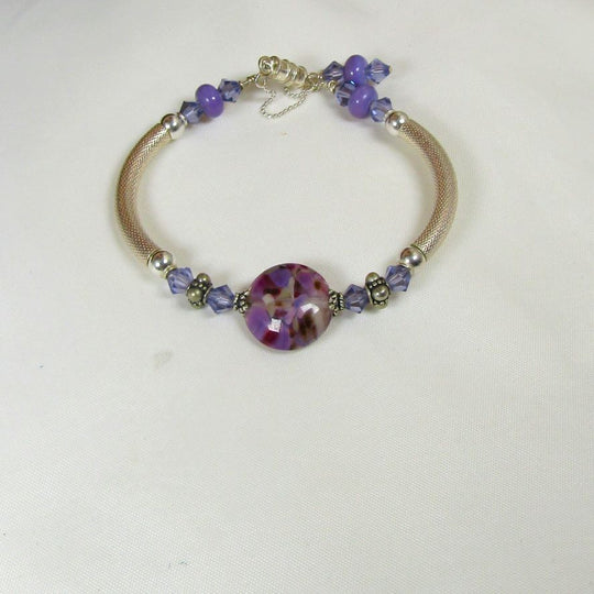 Lilac Hadnade Artisan Bead Silver Bangle Bracelet