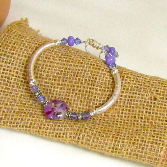 Lilac Hadnade Artisan Bead Silver Bangle Bracelet