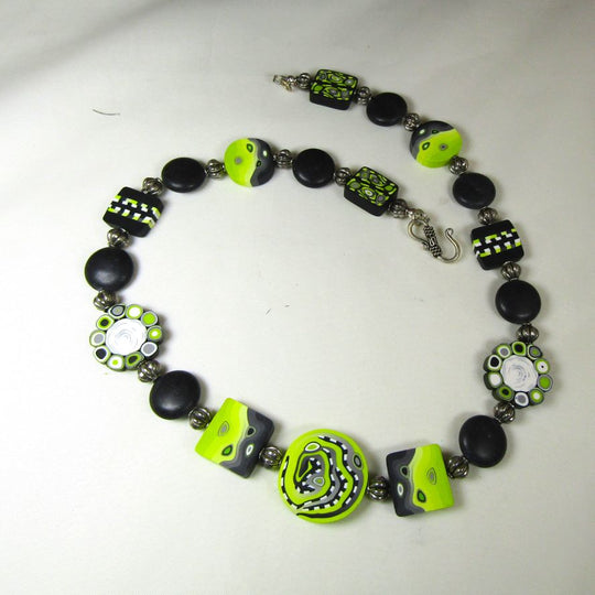 Cool Bead  Necklace in Lime and Black Polymer Clay Beads