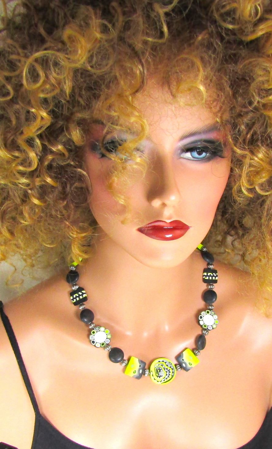Cool Bead  Necklace in Lime and Black Polymer Clay Beads