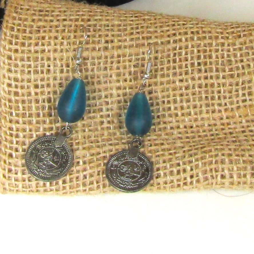 Frosted Turquoise Sea Glass Teardrop & Silver Coin Earrings