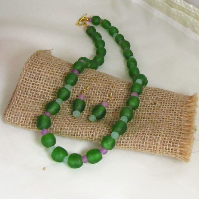 Bright Green Beaded Necklace & Earrings