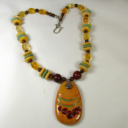 Handmade Mustard & Brwon Beaded Pendant Necklace