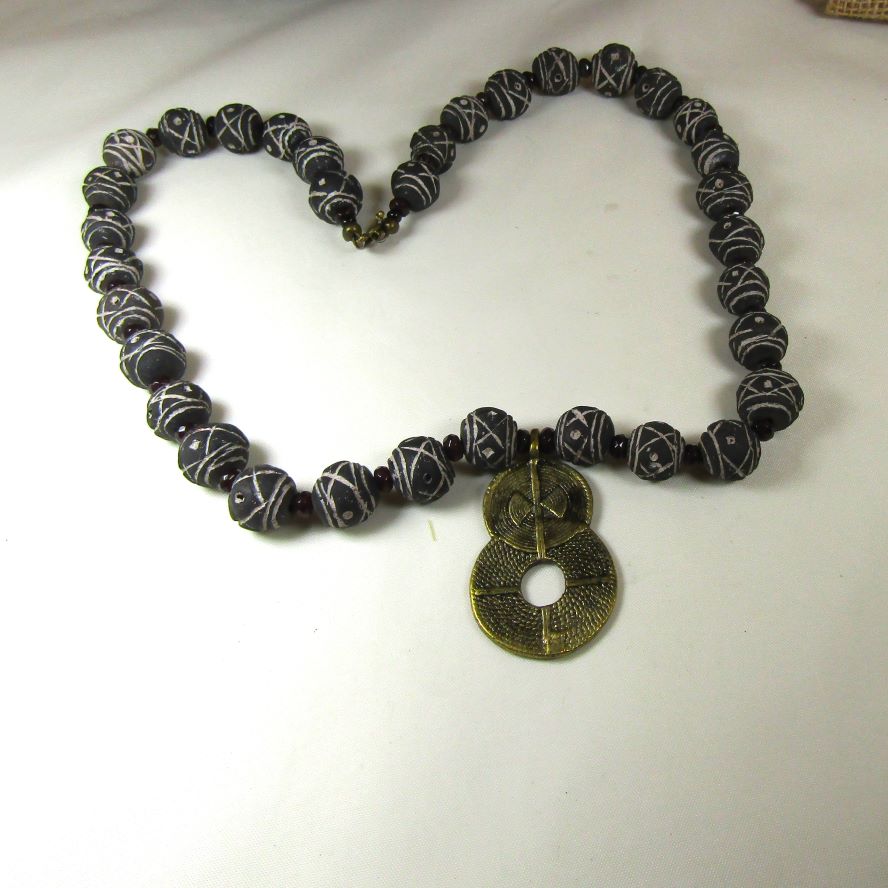 Terracotta Black Beaded Necklace Brass Pendant