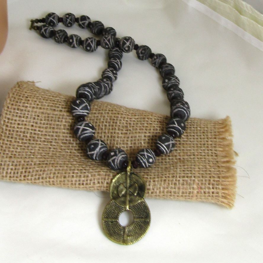 Long Black Clay Beaded Necklace with Pendant