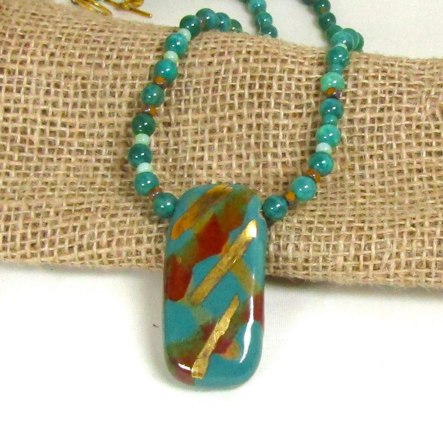 Bright Turquoise Fair Trade Pendant on Agate Beaded Necklace