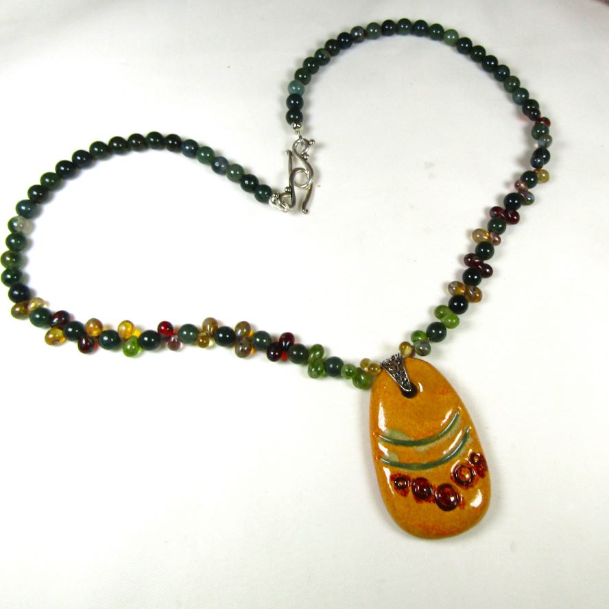 Handmade Green Beaded Necklace with Mustard Artisan Pendant