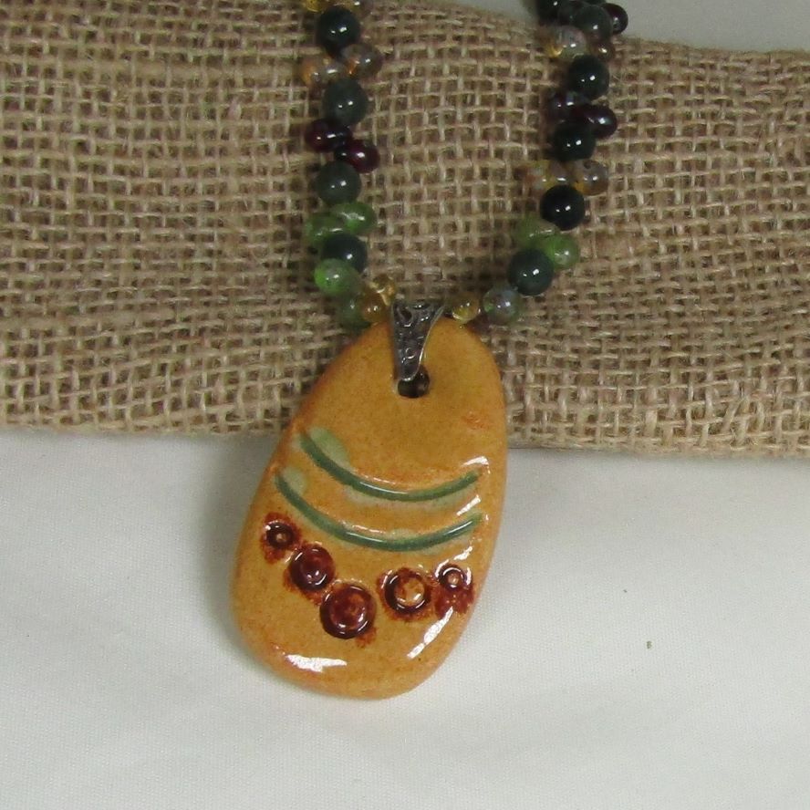 Mustard pendant on Green gemstone Necklace