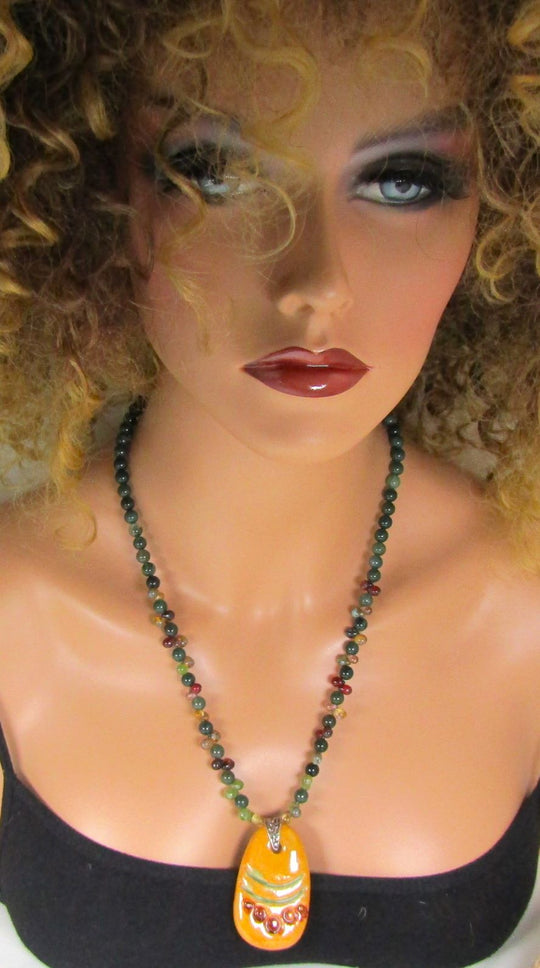 Handmade Green Beaded Necklace with Mustard Artisan Pendant