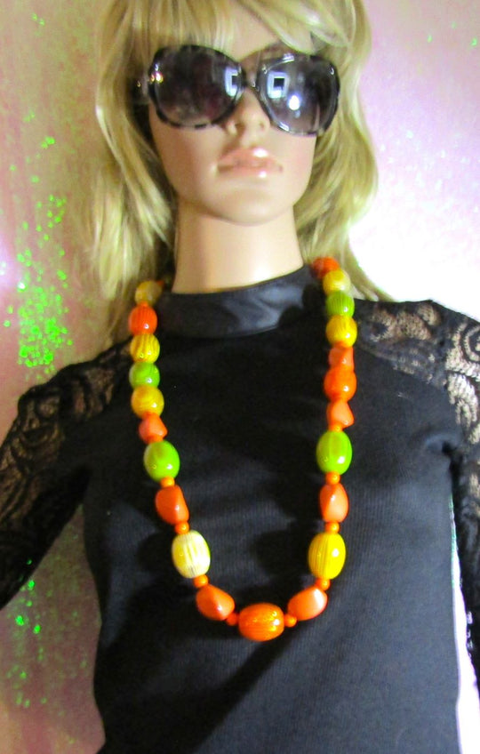Big Bold Long Yellow Green & Tangerine Beaded  Necklace