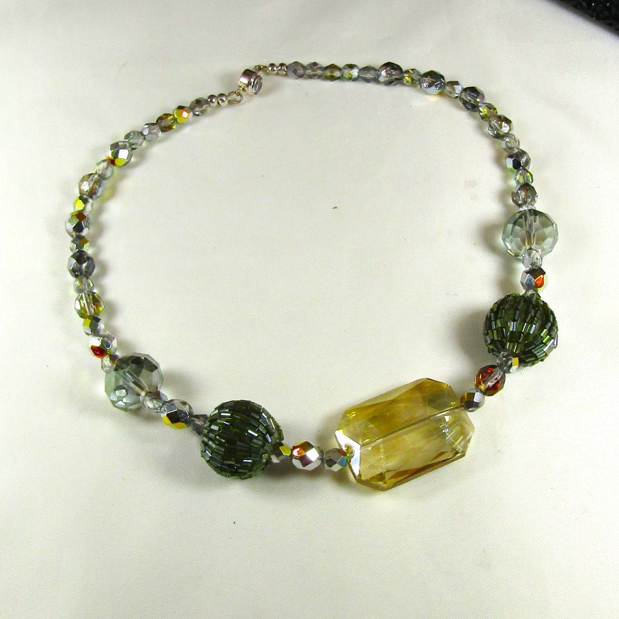 Whimsical Czech Crystal Necklace Big Green Beaded Bead Accents