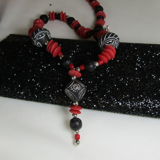 Black , White & Red Pendant Necklace