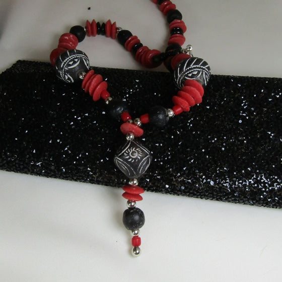 Tribal Designer Black, White & Red Pendant Necklace