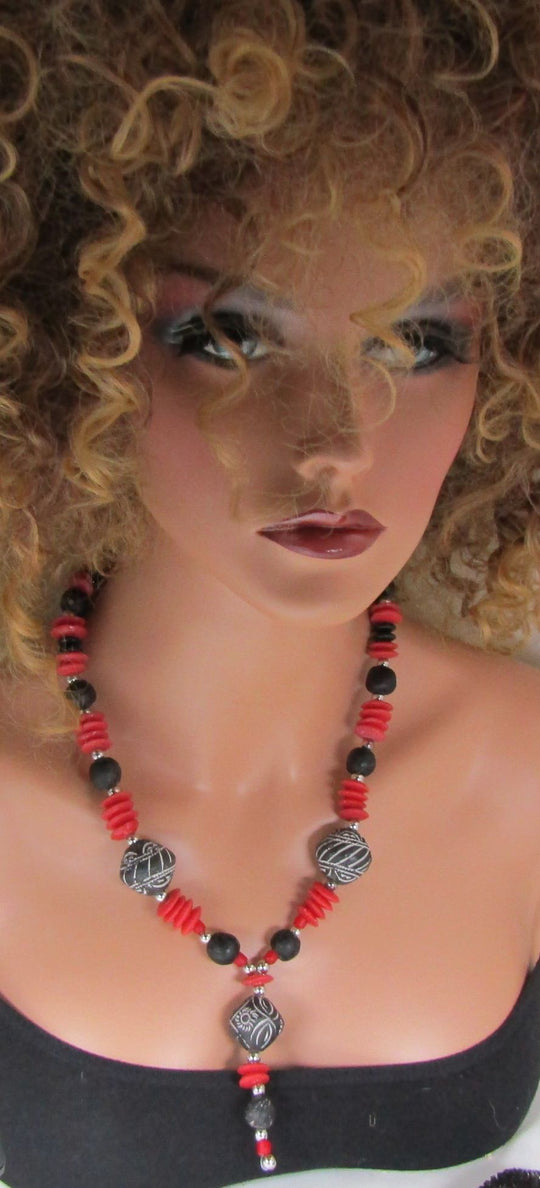 Tribal Designer Black, White & Red Pendant Necklace