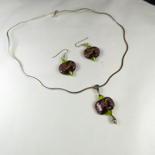 Handmade Artisan Bead Purple Lampwork Necklace & Earrings