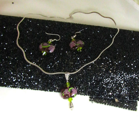 Handmade Artisan Bead Purple Lampwork Necklace & Earrings