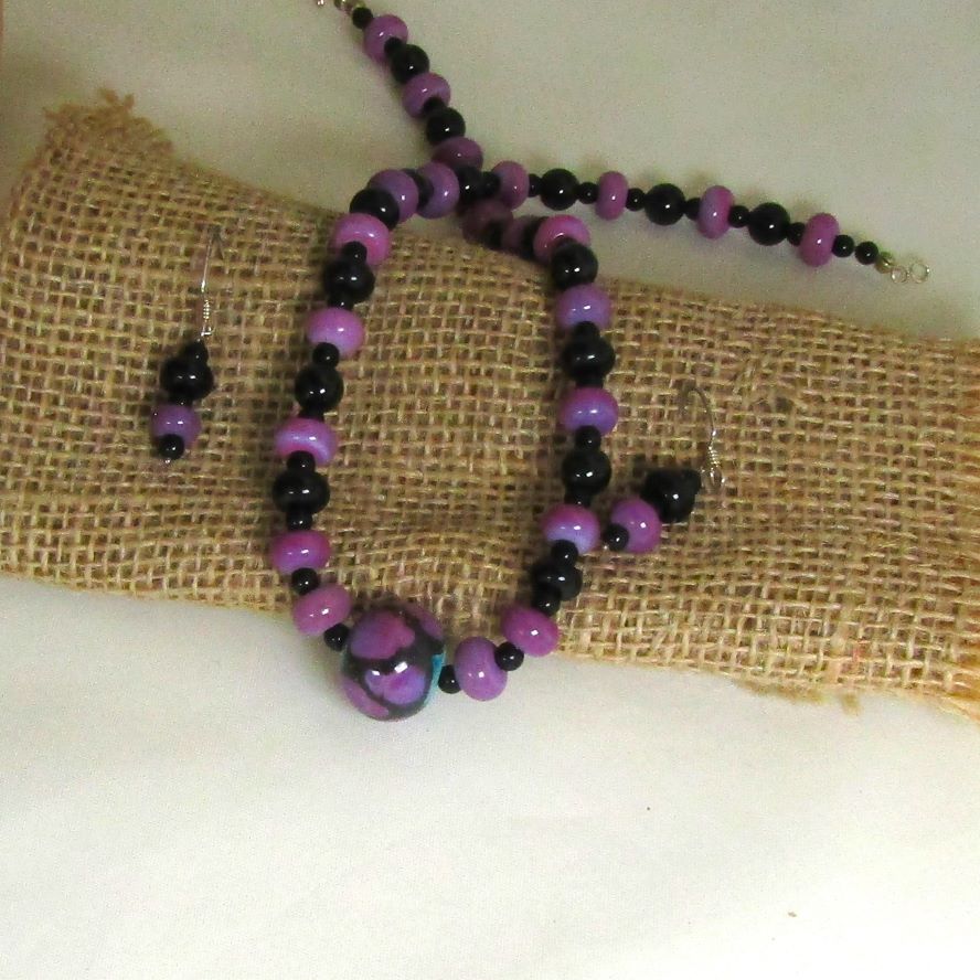 Purple Handmade Beaded Necklace & Earrings