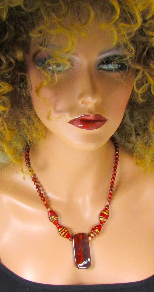 Red Gemstone & Artisan Bead Pendant Necklace
