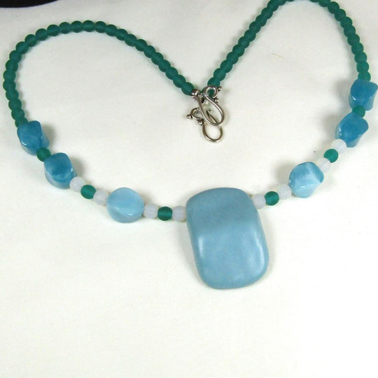 Aqua SeaGlass & Artisan Bead Pendant Necklace