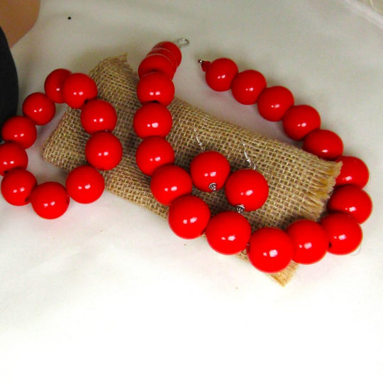 Big Red Beaded Necklace earring &bracelet