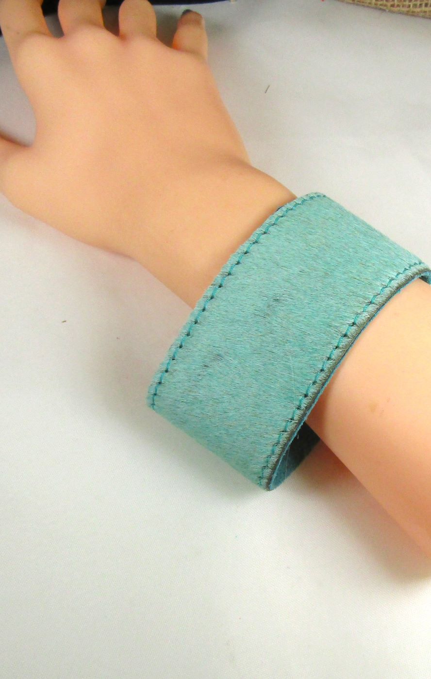Wide Pony Leather Cuff Bracelet Hair-on Turquoise