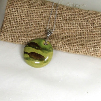 Olive Green Handmade Kazuri Pendant on Silver Chain