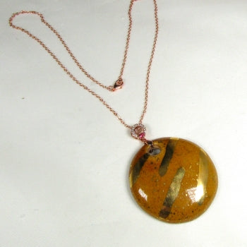 Golden Brown and Gold Fair Trade Kazuri Pendant On Rose Gold Chain