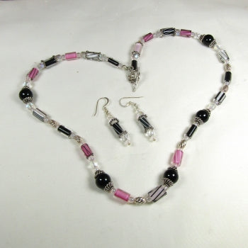 Designer Pink White & Black Artisan Bead Jewelry Set