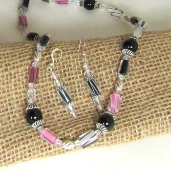 Black Pink & White Artisan Bead Necklace & Earrings