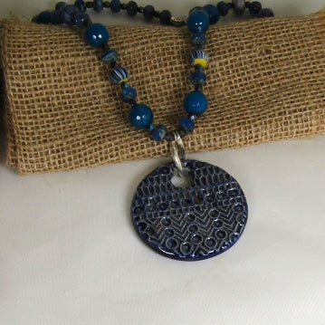 Blue Swazi Pendant Necklace with Handmade Polymer Clay Accents.