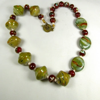Olive Kazuri and Paper to Pearl Bead Necklace