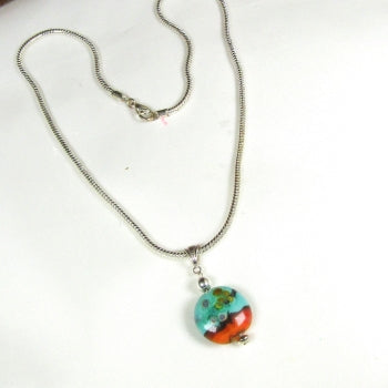 Handmade Artisan Glass Bead Lampwork Aqua Pendant Necklace