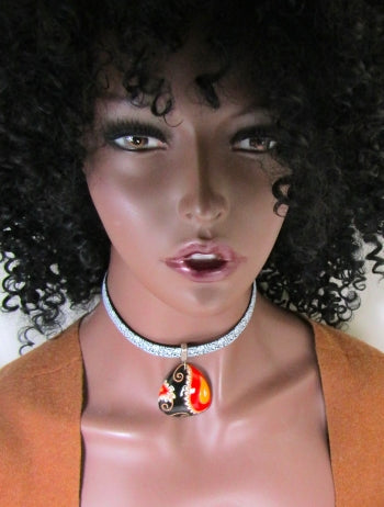 White & Black Ribbon Choker Necklace Black & Red Handmade Pendant