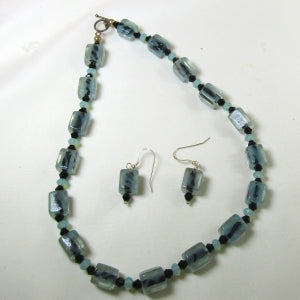 Aqua and Black Artisan Bead Necklace and Earrings