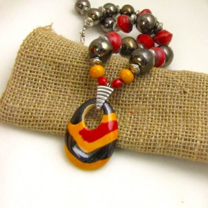 African Kazuri Pendant Necklace in Red and Buttercup