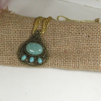 Gold Multi-strand Necklace with Antique Gold & Turquoise Pendant