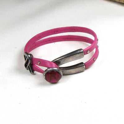 Pink Awareness Leather Bracelet Wishbone Design