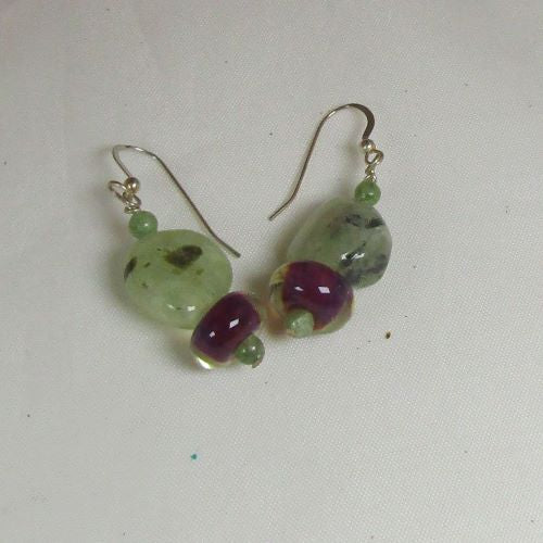 Green Tourmilated Quartz and Lampwork Glass Bead Earrings