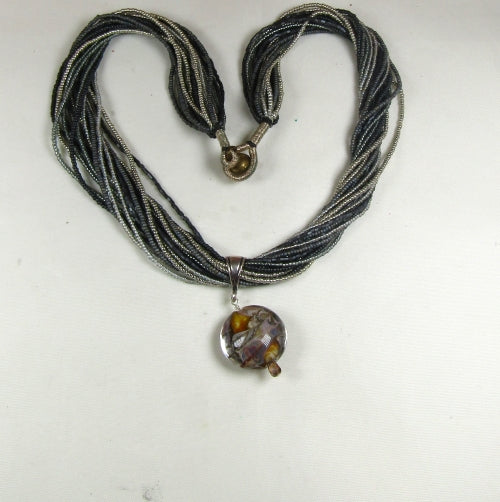 Black  Grey Multi-strand Seed Bead Necklace with Handmade Pendant