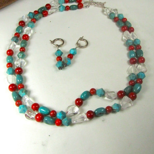 Double-strand Turquoise Nugget Necklace and Earrings